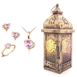 Moroccan Golden candle holder with beautiful pink set hearts earrings and necklace gold plated
