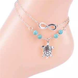 Anklet silver color eternity charm with turquoise color beads alloy
