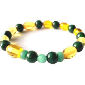 Emerald Emeralds Green Gift HARMONIC Genuine Natural Colombian Emerald (2 wheels 1 beads ~5-6mm) with natural malachite (8mm) and amber sand bracelet