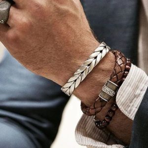 Leather strap, tiger eye beads, crossed and stainless steel bracelets for man gentleman guys bracelet