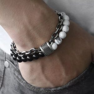Stainless steel, Natural Onyx and Howlite bracelet