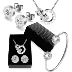 Earrings, Necklace, Bracelet Silver plated and zircons set