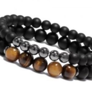 Set of Natural Tiger Eye, Matt Onyx and Hemitate Stones Bracelets for Guys, Man. Attaction of Wealth