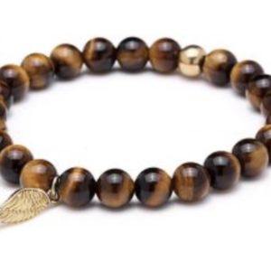 Natural Tiger Eye Bracelet, golden leaf charm. Personal Power, Wealth Order, Stability.