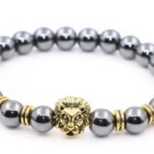 Natural Silver Hematite Stone and Golden Lion Bracelet for Guys Man Men. Wisdom, Self Control