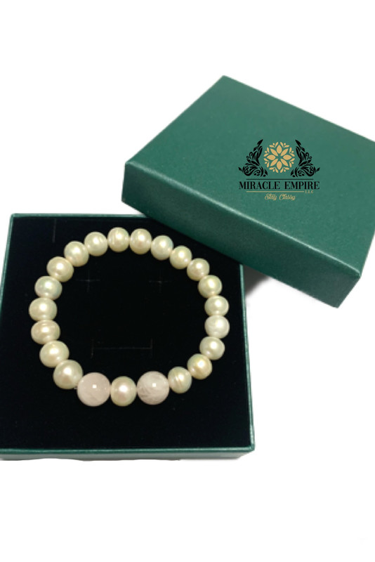 Unisex Woman and Man Bracelet handmade of Natural 10mm Pearls and Rose Quartz