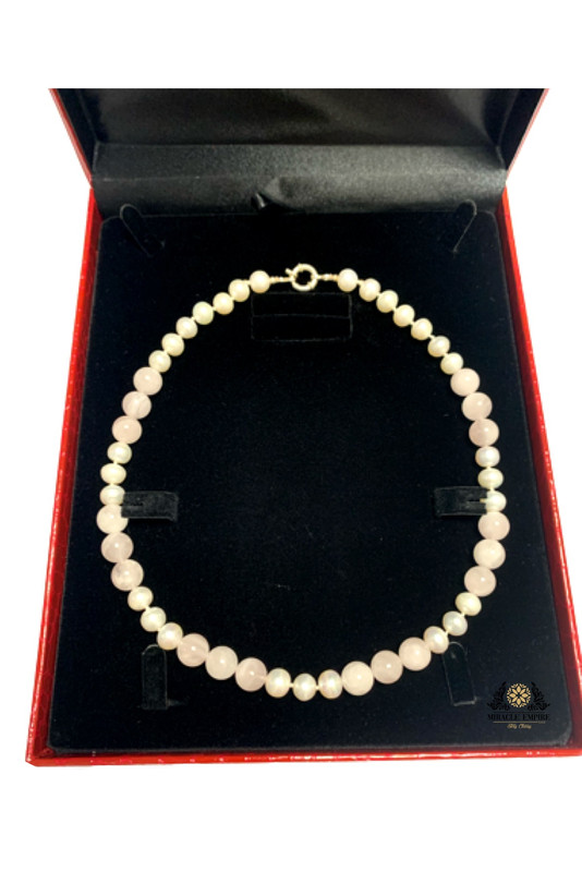 Woman Necklace handmade of Natural 10mm Pearls, Rose Quartz and a 925 silver clasp