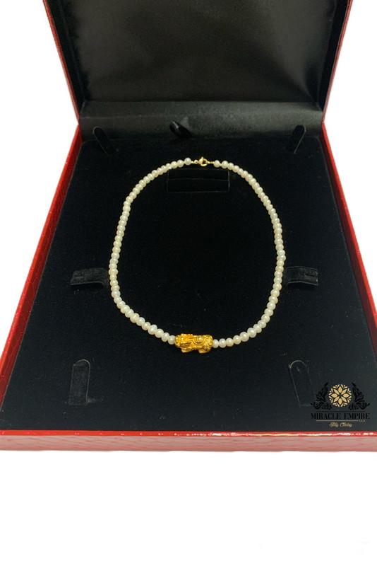 Feng shui 5-6mm natural pearls Necklace 18k gold plated 925 pure silver base Pixiu Pi Yao, 18k gold plated clasp unique design for woman girls teens luck, abundance money attraction