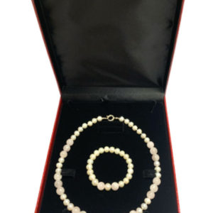 Woman Bracelet and Necklace set handmade of Natural 10mm Pearls, Rose Quartz and a 925 silver clasp