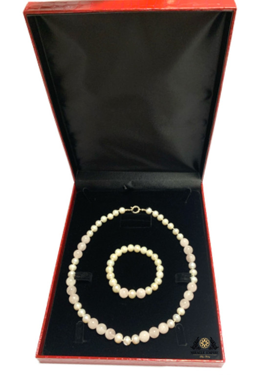 Woman Bracelet and Necklace set handmade of Natural 10mm Pearls, Rose Quartz and a 925 silver clasp