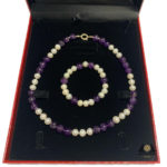 Woman Bracelet and Necklace set handmade of Natural 10mm Pearls, Amethysts and a 925 silver clasp