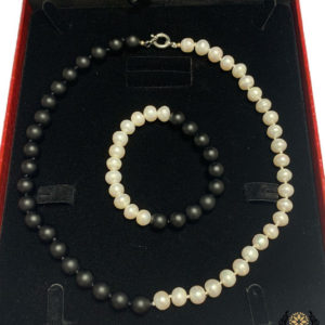 Unisex Woman and Man Bracelet and Necklace set handmade of Natural 10mm Pearls, matt Onyx