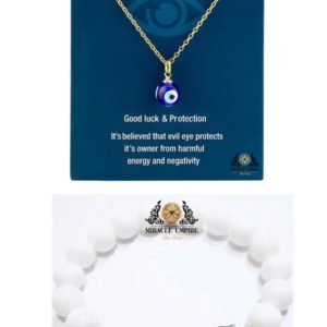 Evil Eye Set Necklace and Bracelet Natural Cotton Agate Queens Protection of Evil Eye Harmful Energy Negativity Luck (Copy)