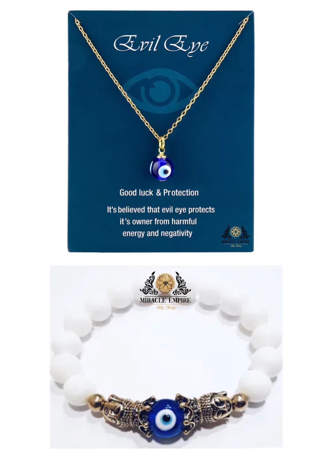 Evil Eye Set Necklace and Bracelet Natural Cotton Agate Queens Protection of Evil Eye Harmful Energy Negativity Luck (Copy)