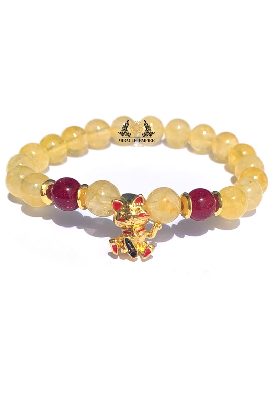 Maneki Neko Fortune Cat Citrine And Garnet Stones Bracelet Talisman Attraction Of Luck And Fortune