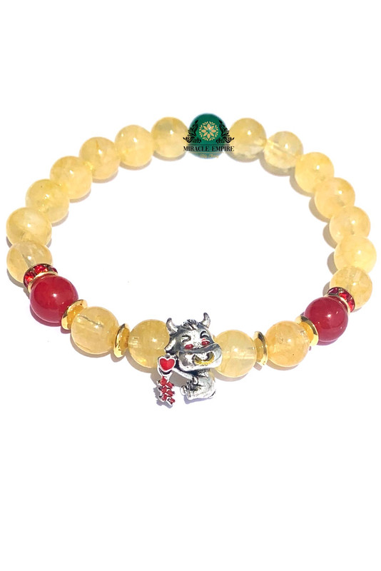 Shui Niu Ox Cow Natural Citrine Red And Green Jade Bracelet Perseverance Courage Physical Fertility