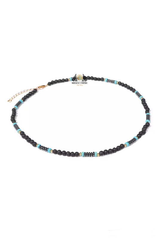 Men Necklace Natural Stones 4MM Volcanic Lava Turquoise And Hemitate