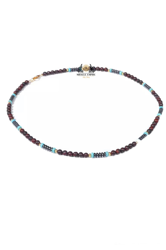 Necklace For Men Natural Stones 4MM Garnet Turquoise And Hemitate