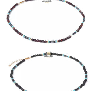 2 Men Necklaces Set Natural Stones 4MM Volcanic Lava And Garnet