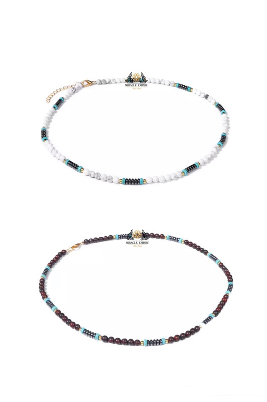 2 Men Necklaces Set Natural Stones 4MM Garnet And Howlite