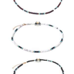 3 Men Necklaces Set Natural Stones 4MM Volcanic Lava Garnet And Howlite