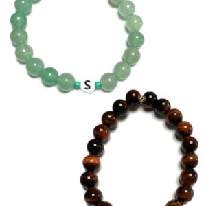 2 Bracelets Couples Bff Set Letter Initials Woman Bracelet Man Unisex Natural Aventurine And Red Tiger Eye