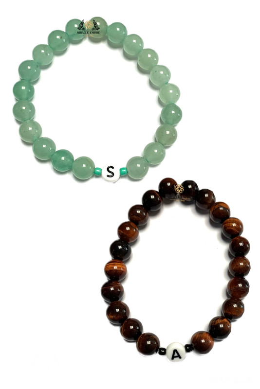 2 Bracelets Couples Bff Set Letter Initials Woman Bracelet Man Unisex Natural Aventurine And Red Tiger Eye