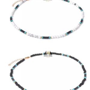 2 Men Necklaces Set Natural Stones 4MM Volcanic Lava And Howlite
