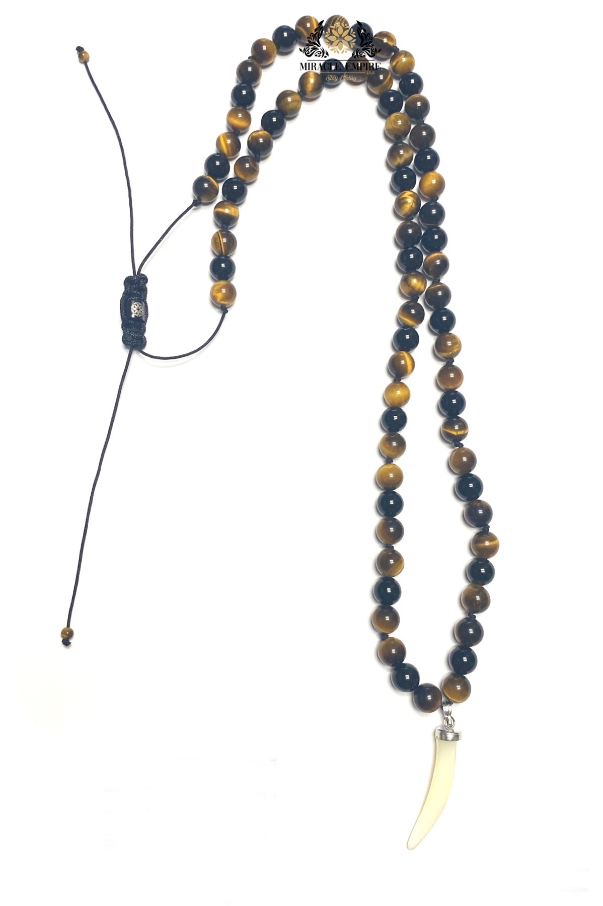 Man Necklace Long Knots With Inspired Tiger Tooth Genuine Tiger Eye Onyx Stones and Mother of Pearl