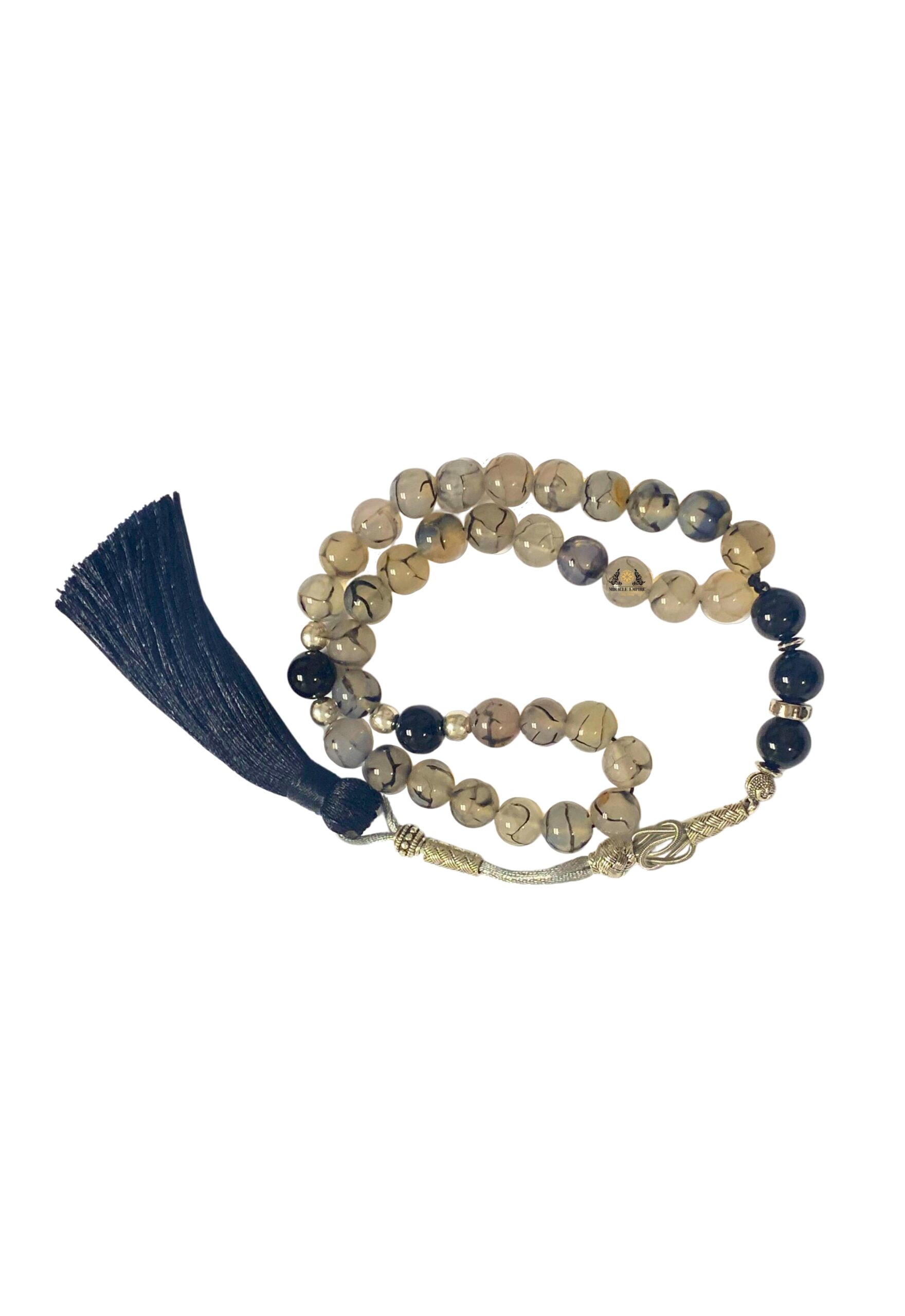 Misbaha Prayer Bead 33 Genuine Onyx And Black Veins Agate 10MM Tasbih