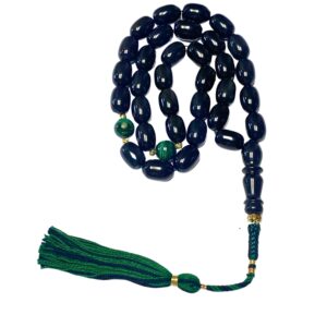 Exclusive Unique 33 Misbaha Prayer Bead Genuine 14Mm Obsedian And 12Mm Malachite With Gold Plated Accessories And 100% Cotton Tassel Tasbih
