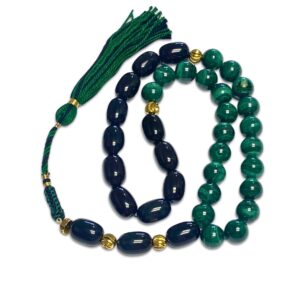Exclusive Unique Misbaha 33 Prayer Bead Genuine 14Mm Obsedian And 22 12Mm Malachite With Gold Plated Accessories And 100% Cotton Tassel Tasbeeh