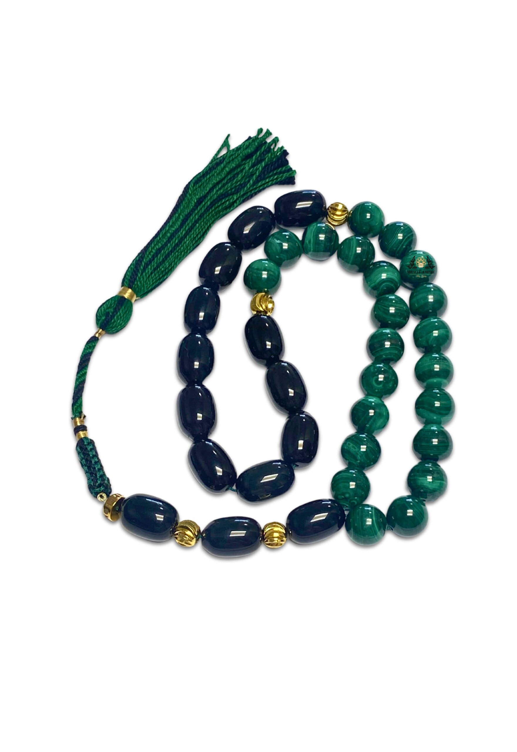 Exclusive Unique Misbaha 33 Prayer Bead Genuine 14Mm Obsedian And 22 12Mm Malachite With Gold Plated Accessories And 100% Cotton Tassel Tasbeeh